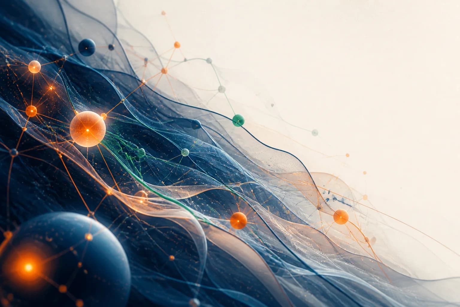 Abstract artwork of connected systems in navy, orange, and green